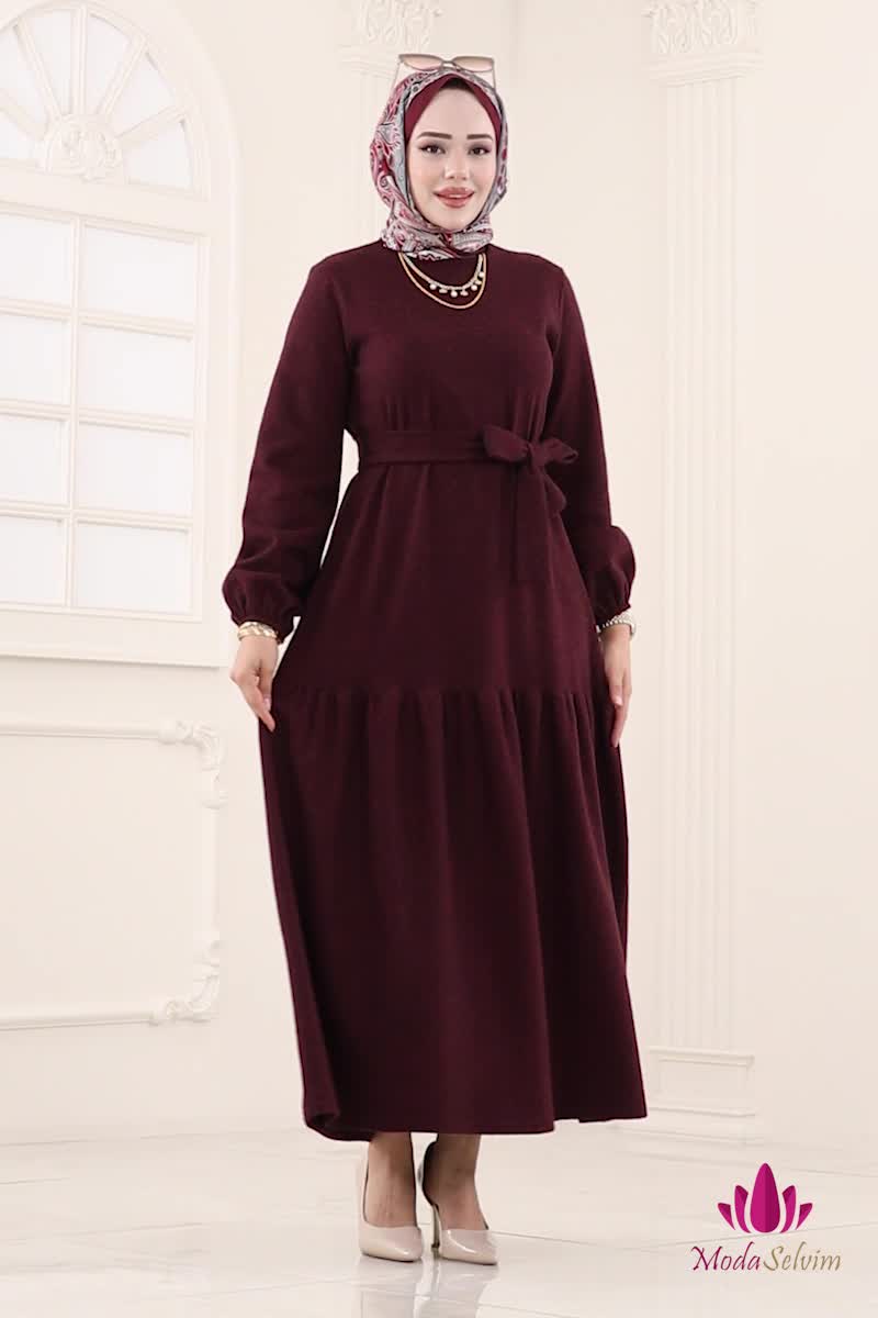 moda selvim Dress 24002UKB139 Burgundy - Thumbnail
