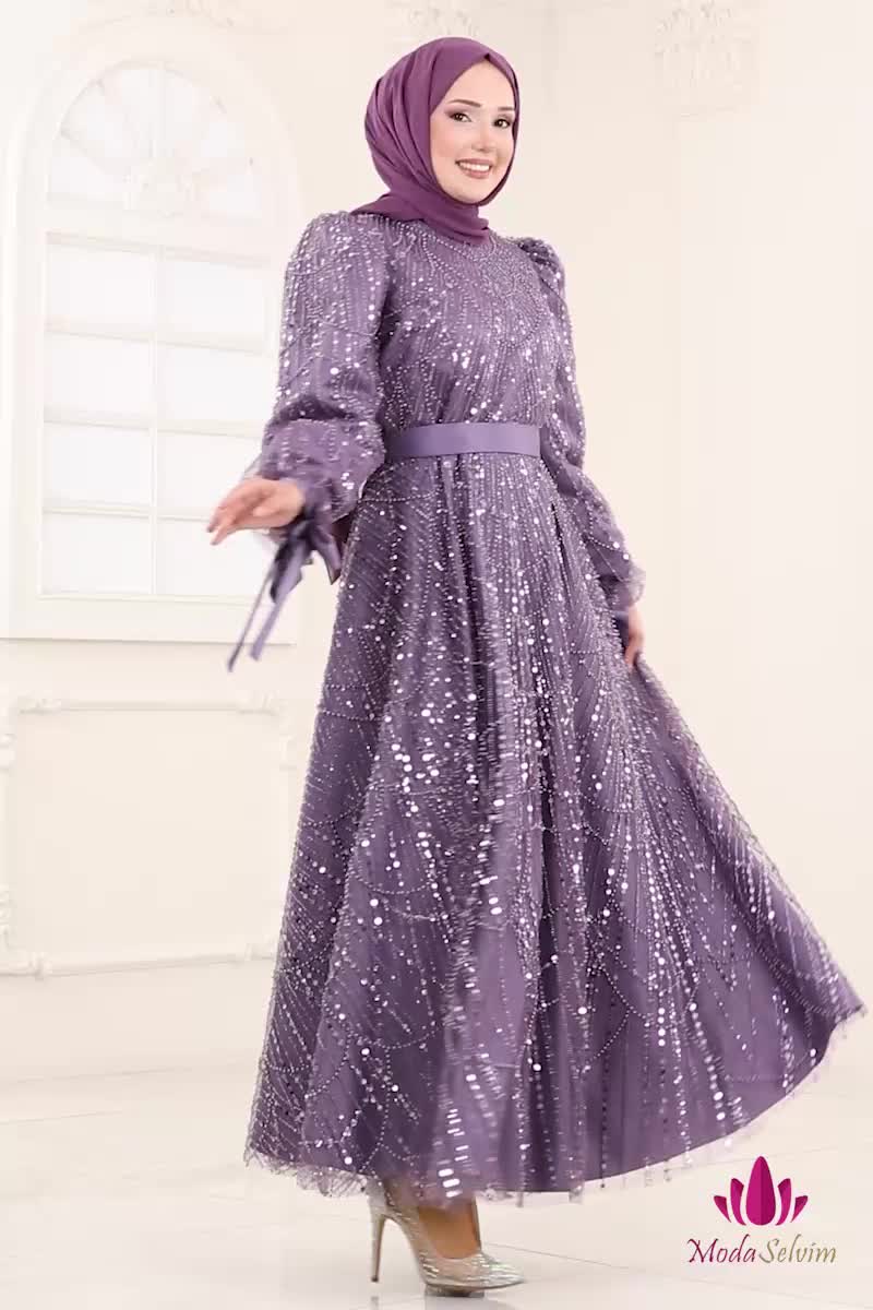 moda selvim فستان سهرة ليلكي 6641YG95 - Thumbnail