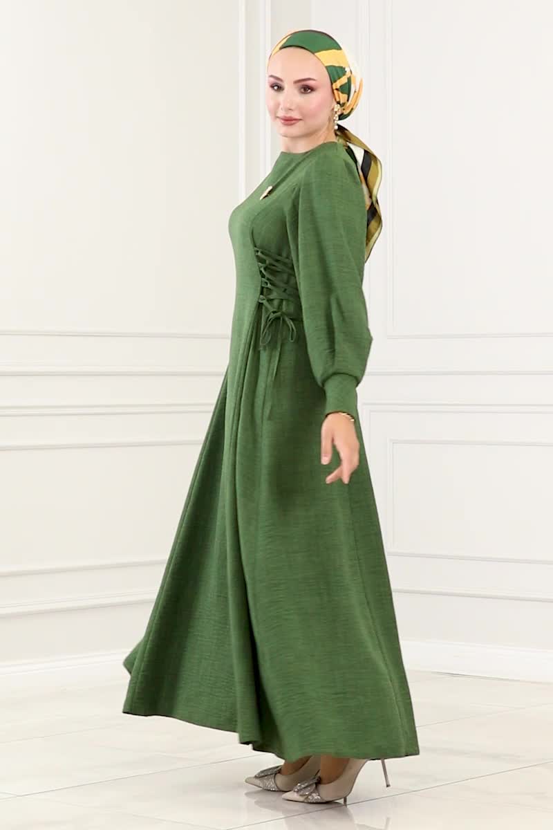 moda selvim Yandan Bağcıklı Tesettür Elbise 5962BSK463 Haki - Thumbnail