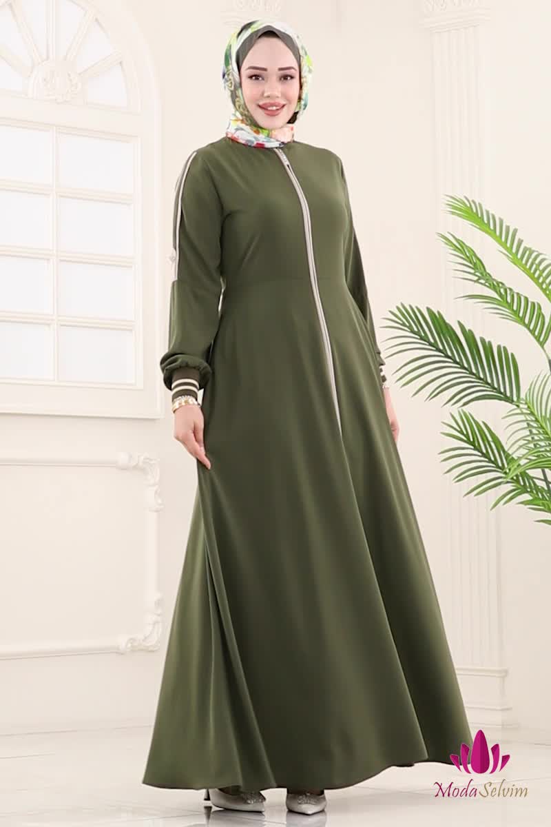 moda selvim عباءة اخضر عفني 2793SL432 - Thumbnail