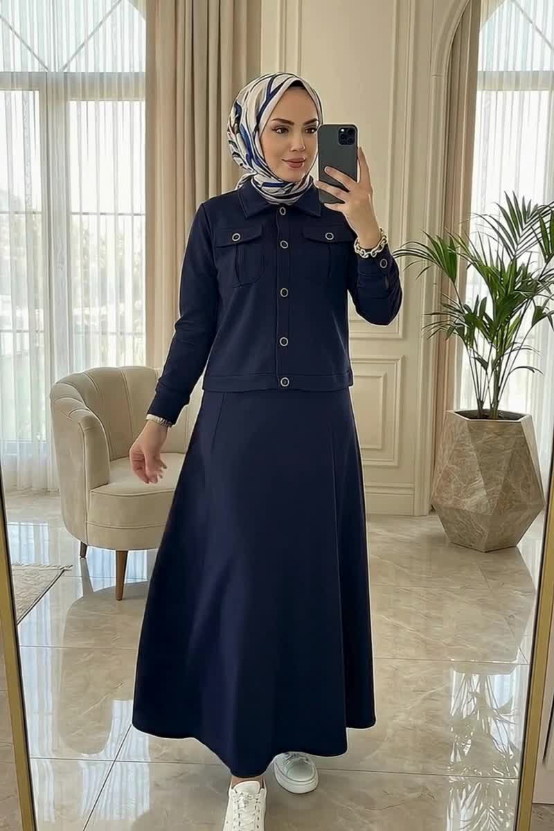 moda selvim Cep Detaylı Elbiseli Takım 24017UKB139 Açık Laci - Thumbnail