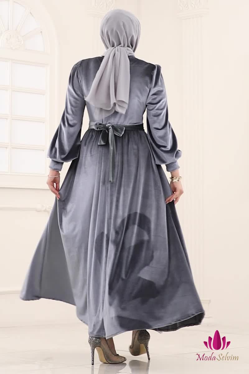 moda selvim فستان سهرة رمادي فاتح 5708EDF311 - Thumbnail