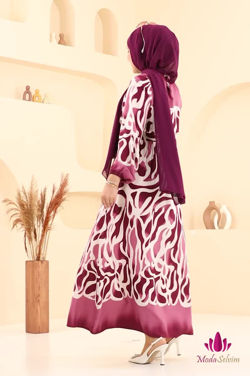 moda selvim Beli Lastikli Desenli Elbise 7127BG354 Koyu Gül Kurusu - Thumbnail