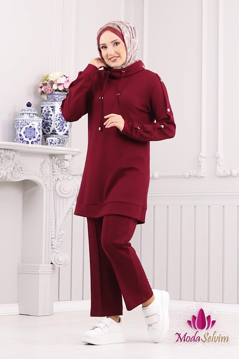 moda selvim Aksesuar Düğmeli Modal Kumaş Takım 2556SL432 Bordo - Thumbnail