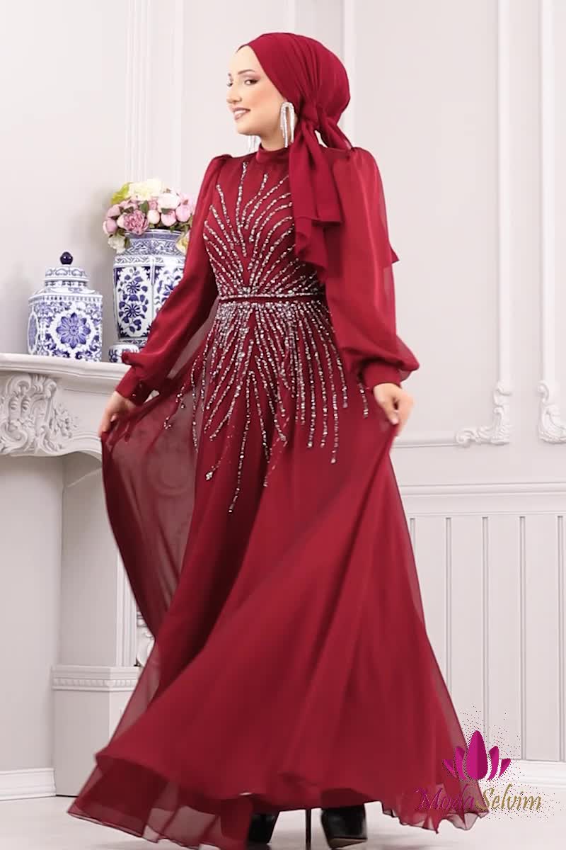 moda selvim SUAL Taş Detaylı Janjan Abiye 4953D170 Bordo - Thumbnail