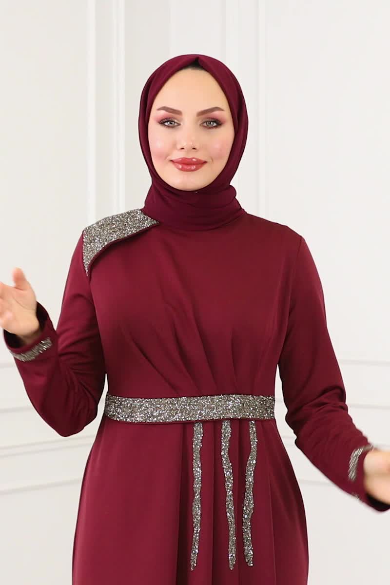 moda selvim Drape Taş Detaylı Abiye 2529SL432 Bordo - Thumbnail