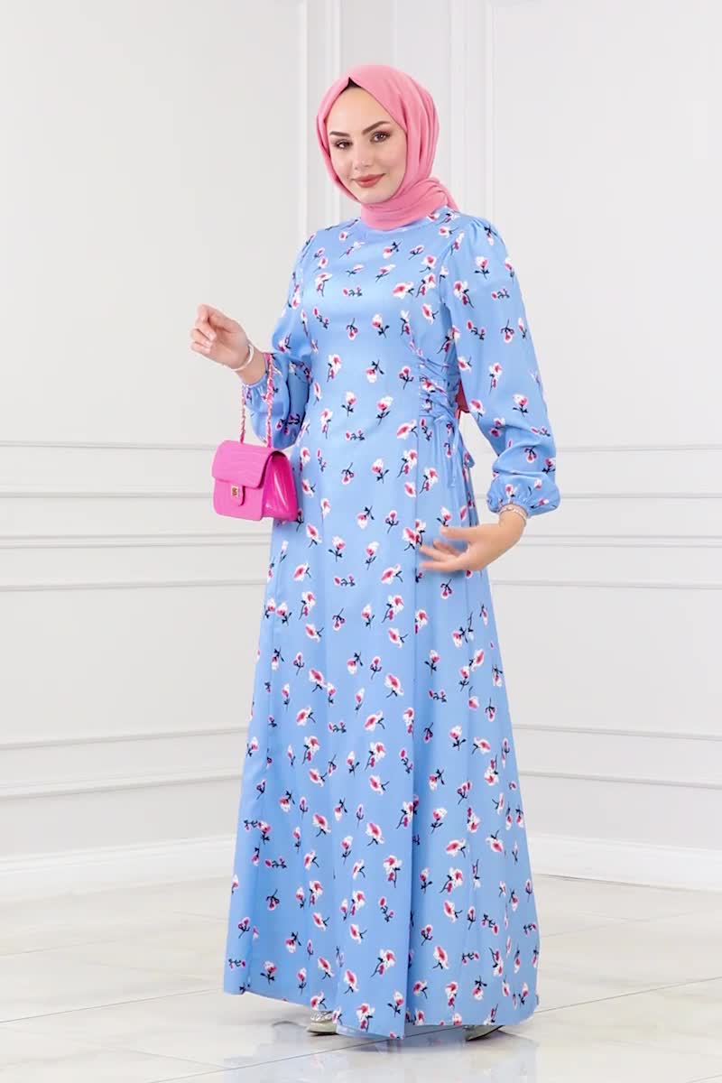 moda selvim Yandan Bağcıklı Krep Elbise 6107BSK463 Mavi - Thumbnail