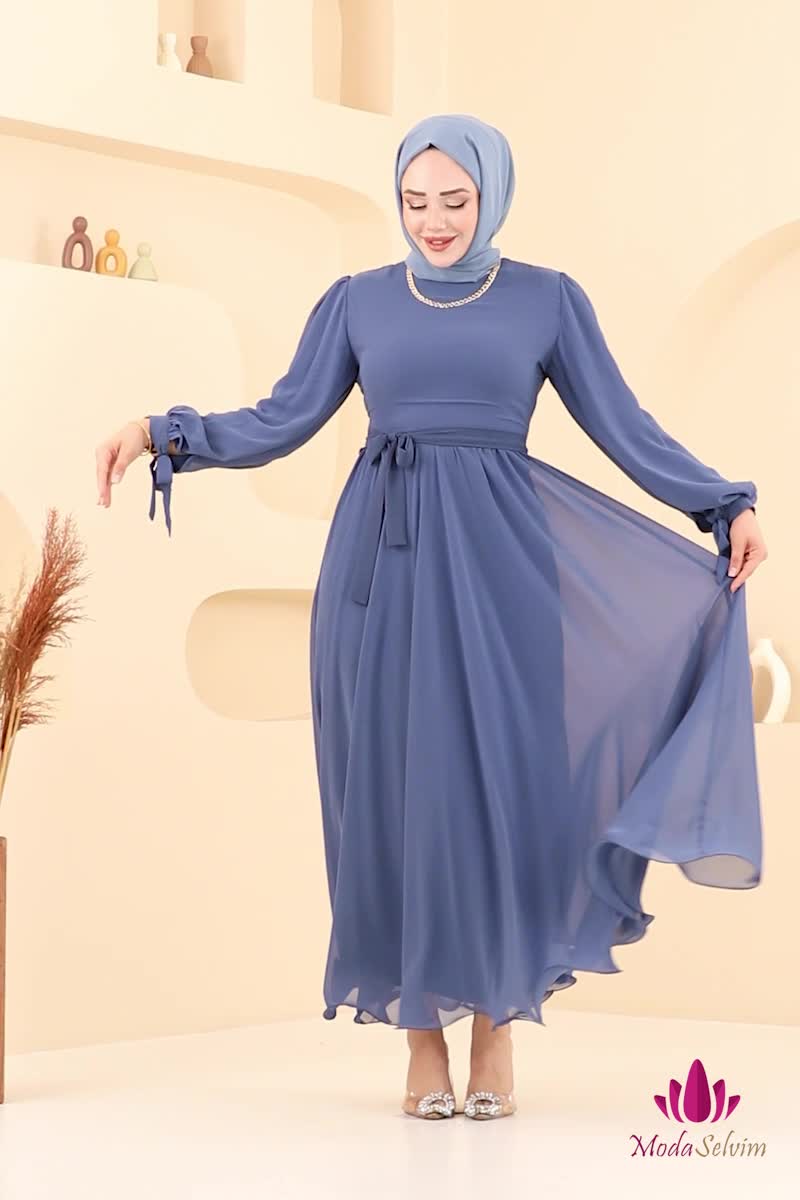 moda selvim Evening Dress 6217BSK463 Indigo - Thumbnail