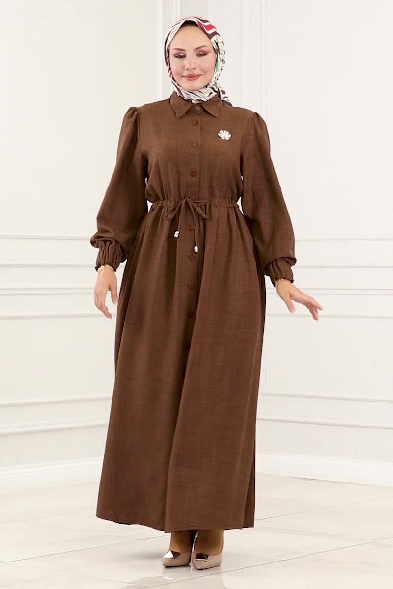 moda selvim Waist Tunnel Linen Abaya 254DVL817 Brown - Thumbnail