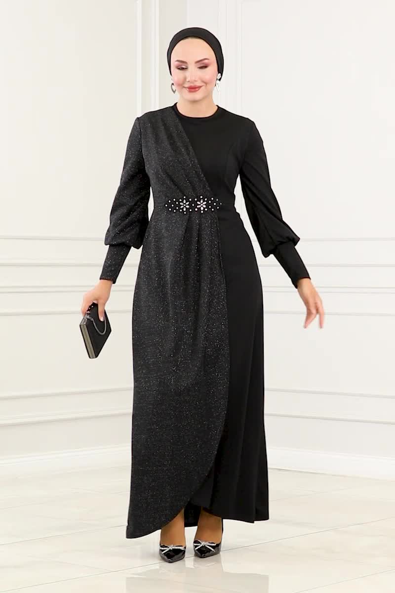 moda selvim Beli İşlemeli Krep Elbise ASM2721 Siyah - Thumbnail