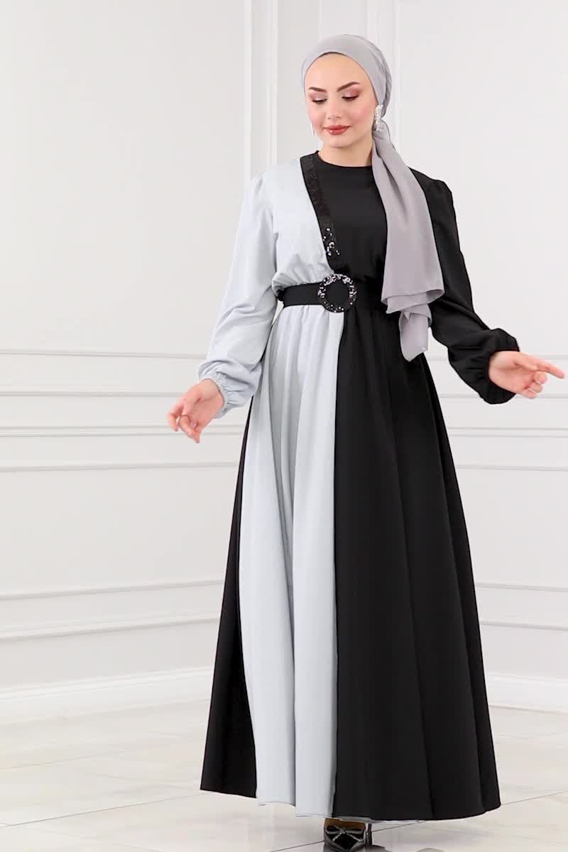 moda selvim Çift Renkli Krep Elbise ASM2674 Gri&Siyah - Thumbnail