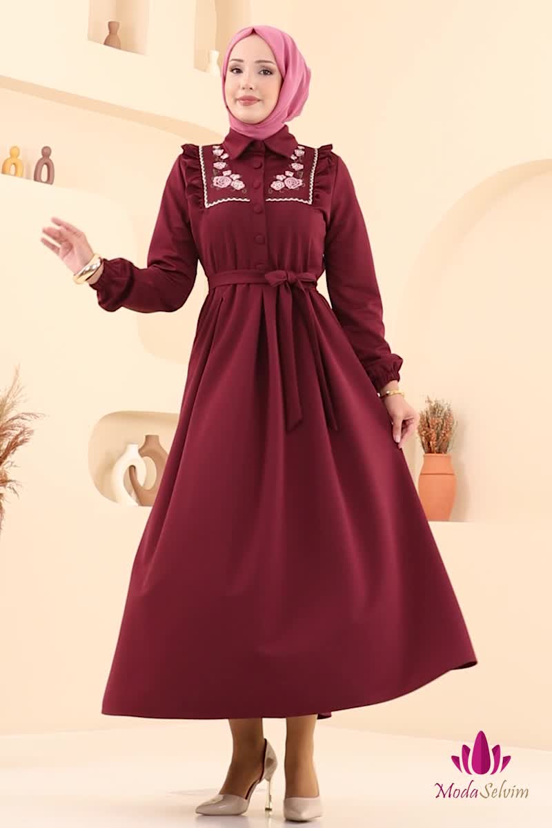 moda selvim Dress 2725SL432 Burgundy - Thumbnail